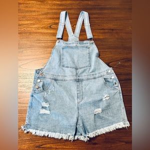 Light Blue Denim Short Overalls - Women's Jeans